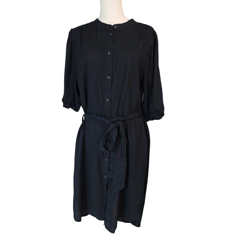 Serra Black Viscose Linen Blend‎ Button Down Midi Dress with Belt Large